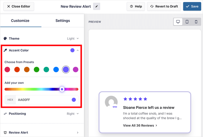 select color preset for review popup