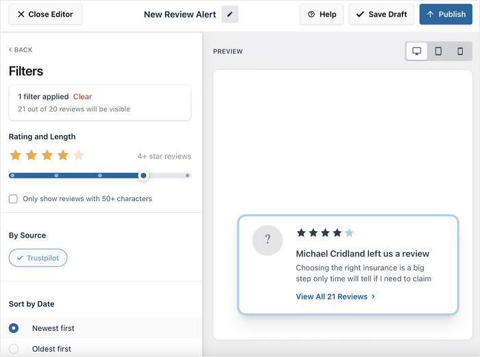 set star ratings, sorting, keyword and other filters review popups