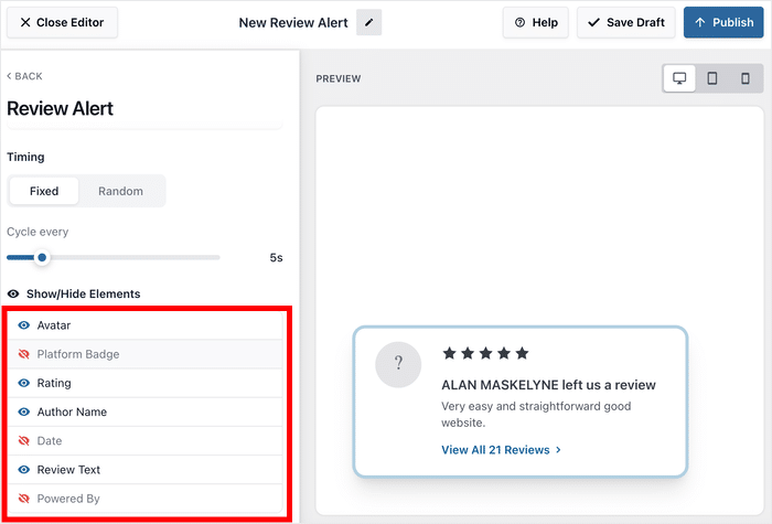 show or hide review elements in popup
