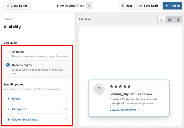 targeting options for your review popups